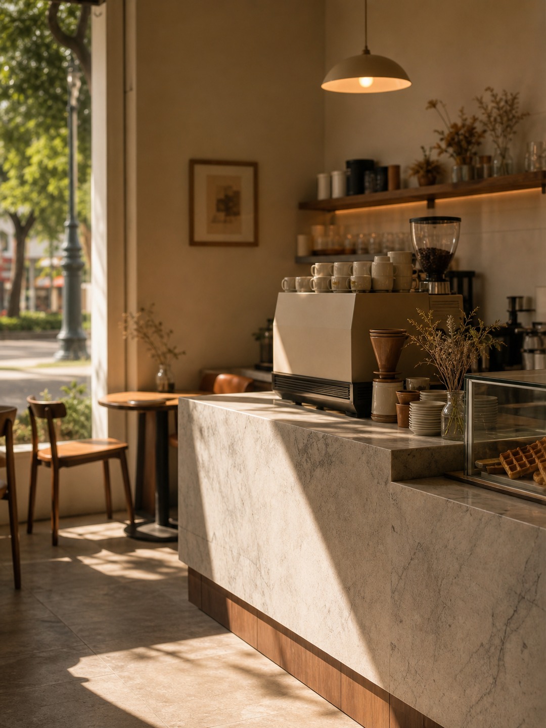 Interior cálido de café con barra y cerámica