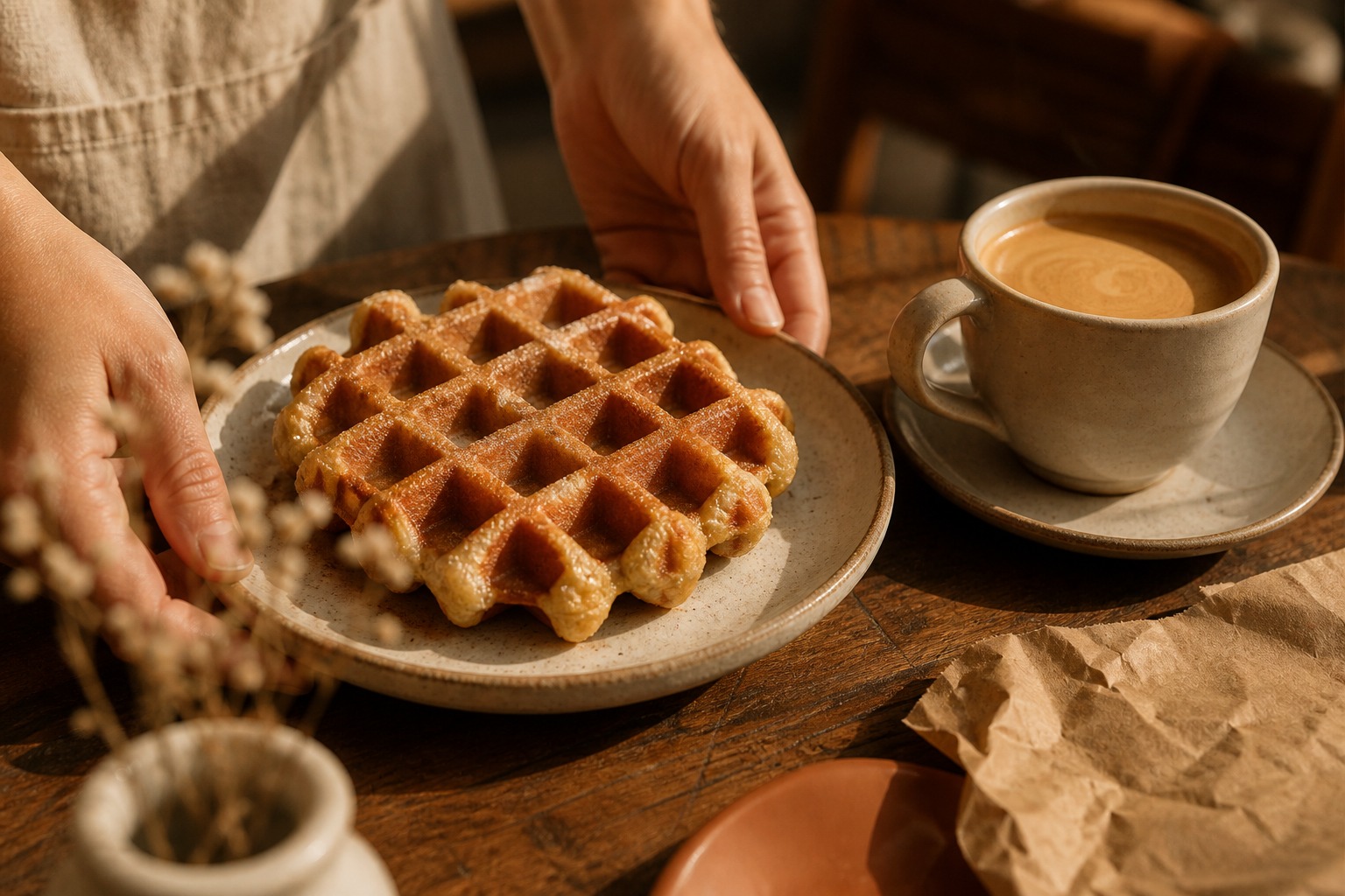 Waffle, café y manos en mesa de madera